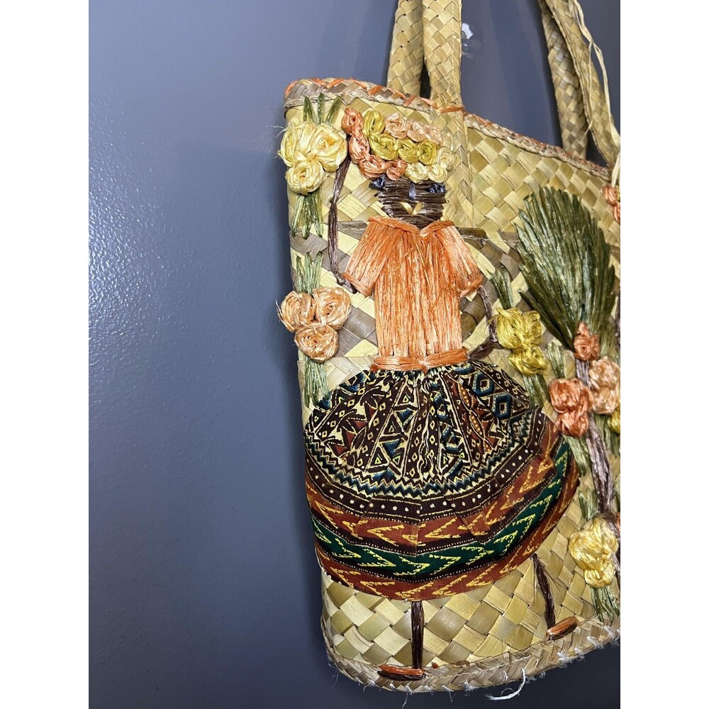 Vintage Straw Tote Bag Womens Large Beige Tropical Floral Applique Lined - Picture 3 of 11